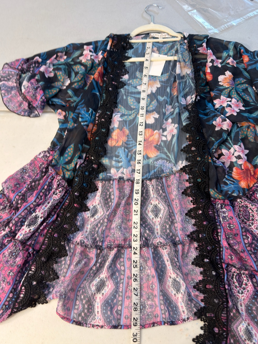 Floral Lace Accent Dress Top - Blue Multi color tunic cardigan 2X - Picture 7 of 9